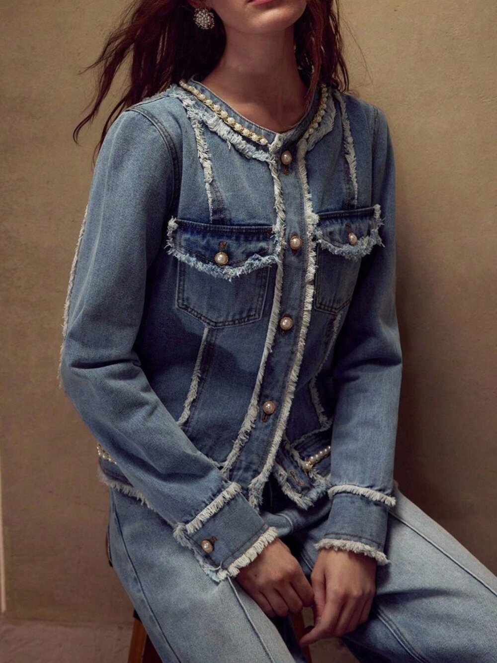 Blue Casual Women's Faux Pearl Chain Detail Raw Edge Flap Pocket Denim Jacket - Picture 4 of 6